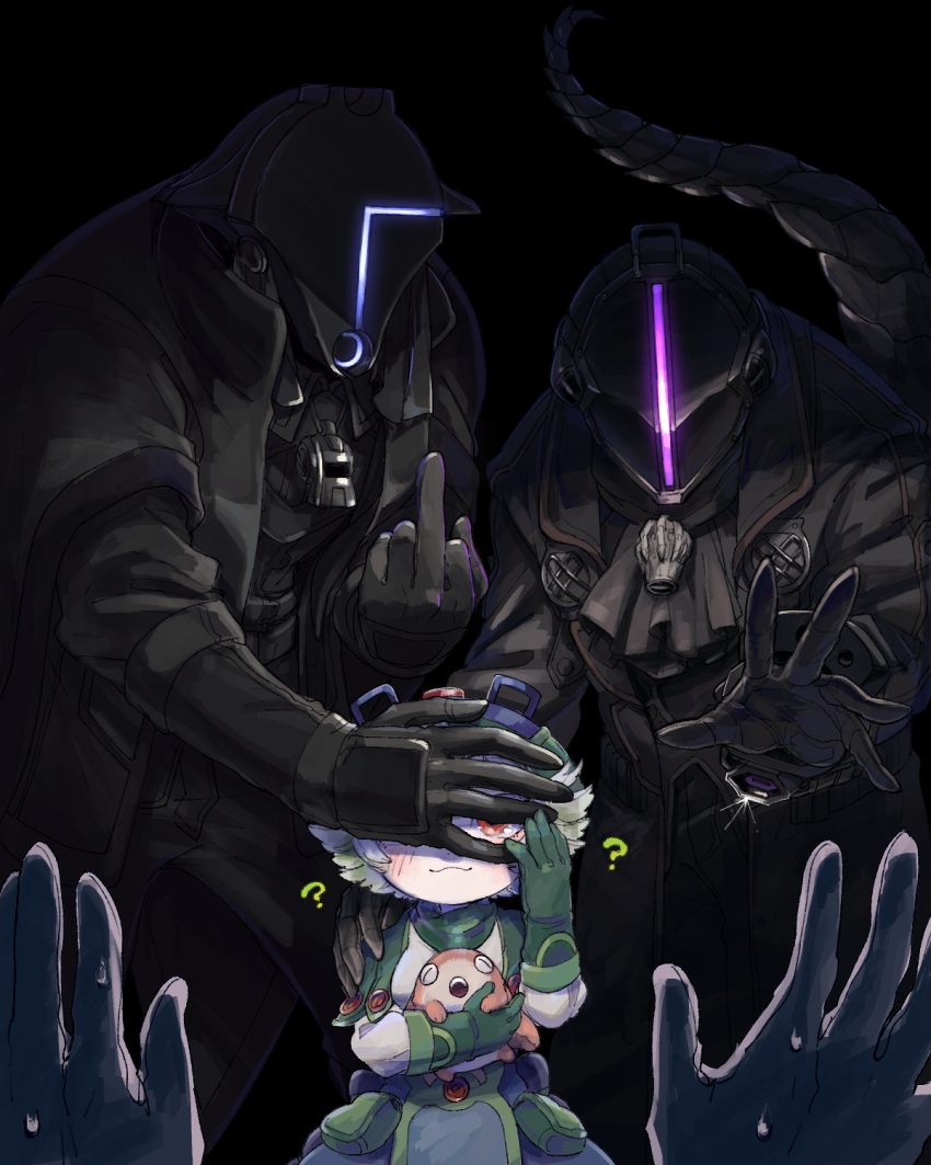 1girl 1other 2boys :3 ? akamtvahosi animal ascot black_ascot black_coat black_gloves blush bondrewd breasts child closed_mouth coat commentary_request covered_face covering_another's_eyes dark facing_viewer glint gloves green_gloves green_hair green_headwear gueira_(made_in_abyss) hat helm helmet highres holding holding_animal long_sleeves made_in_abyss meinya_(made_in_abyss) middle_finger multicolored_hair multiple_boys multiple_sources open_clothes open_coat orange_eyes overcoat pov pov_hands prushka small_breasts smile streaked_hair sweat tail whistle whistle_around_neck white_hair