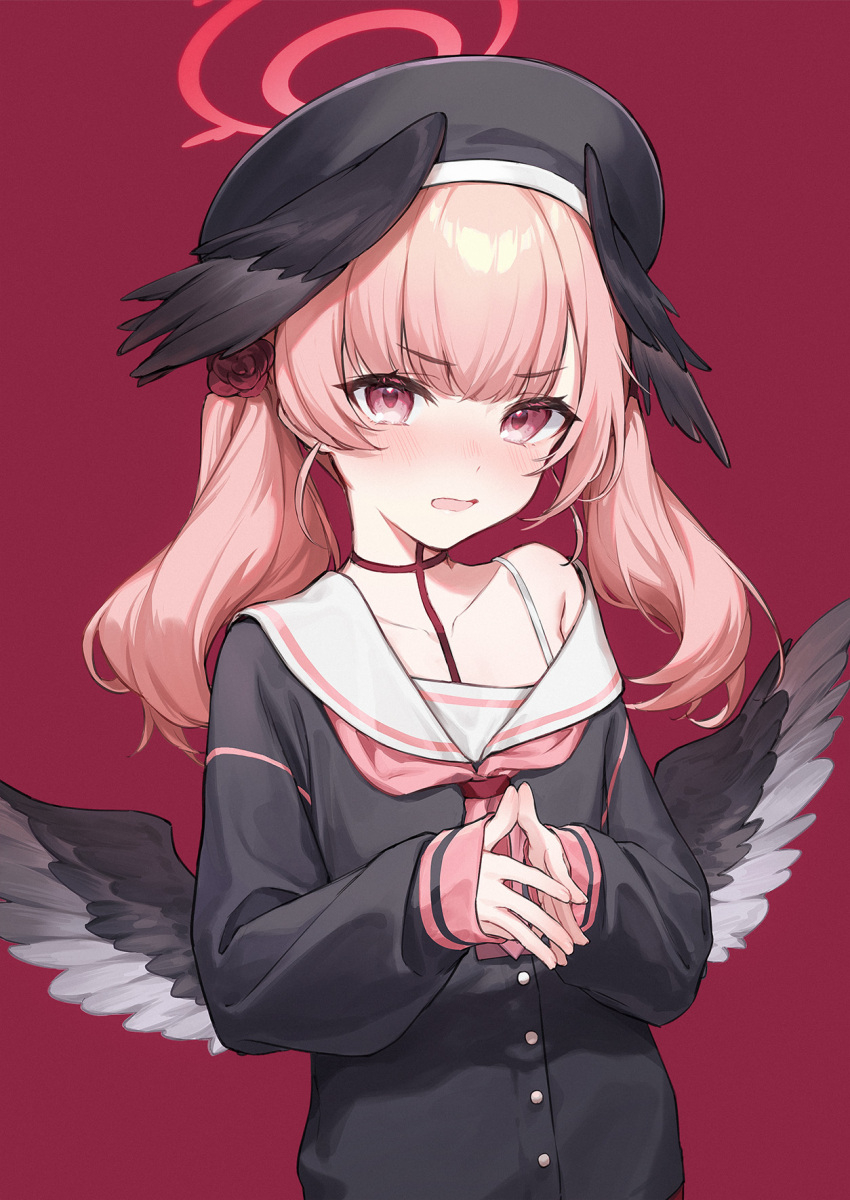 1girl bangs black_headwear black_shirt black_wings blue_archive blush choker collarbone eyebrows_visible_through_hair feathered_wings halo head_wings highres koharu_(blue_archive) long_hair long_sleeves looking_at_viewer neckerchief nose_blush off_shoulder open_mouth own_hands_together pink_hair pink_neckerchief red_background red_choker sailor_collar school_uniform serafuku shirt simple_background single_bare_shoulder sleeves_past_wrists twintails upper_body usuke_(u_skeeep) v-shaped_eyebrows violet_eyes white_sailor_collar wings