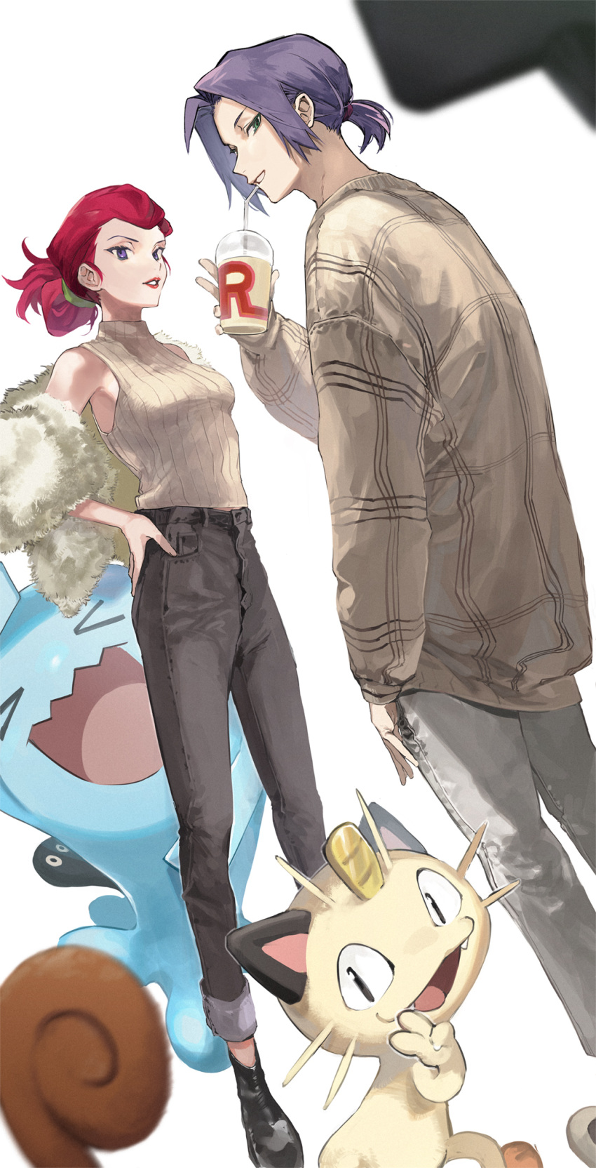 1boy 1girl alternate_costume bare_shoulders black_pants breasts casual cup denim drinking_straw fur_coat green_eyes grey_pants guru_(nicocco) hair_tie hands_on_hips highres holding holding_cup james_(pokemon) jessie_(pokemon) lipstick looking_at_viewer makeup meowth open_mouth pants pants_rolled_up parted_lips pink_hair pokemon pokemon_(anime) pokemon_(creature) ponytail purple_hair red_lips ribbed_sweater short_ponytail sleeveless sleeveless_sweater sleeveless_turtleneck sweater team_rocket teeth thumb_in_pocket turtleneck turtleneck_sweater v violet_eyes wobbuffet