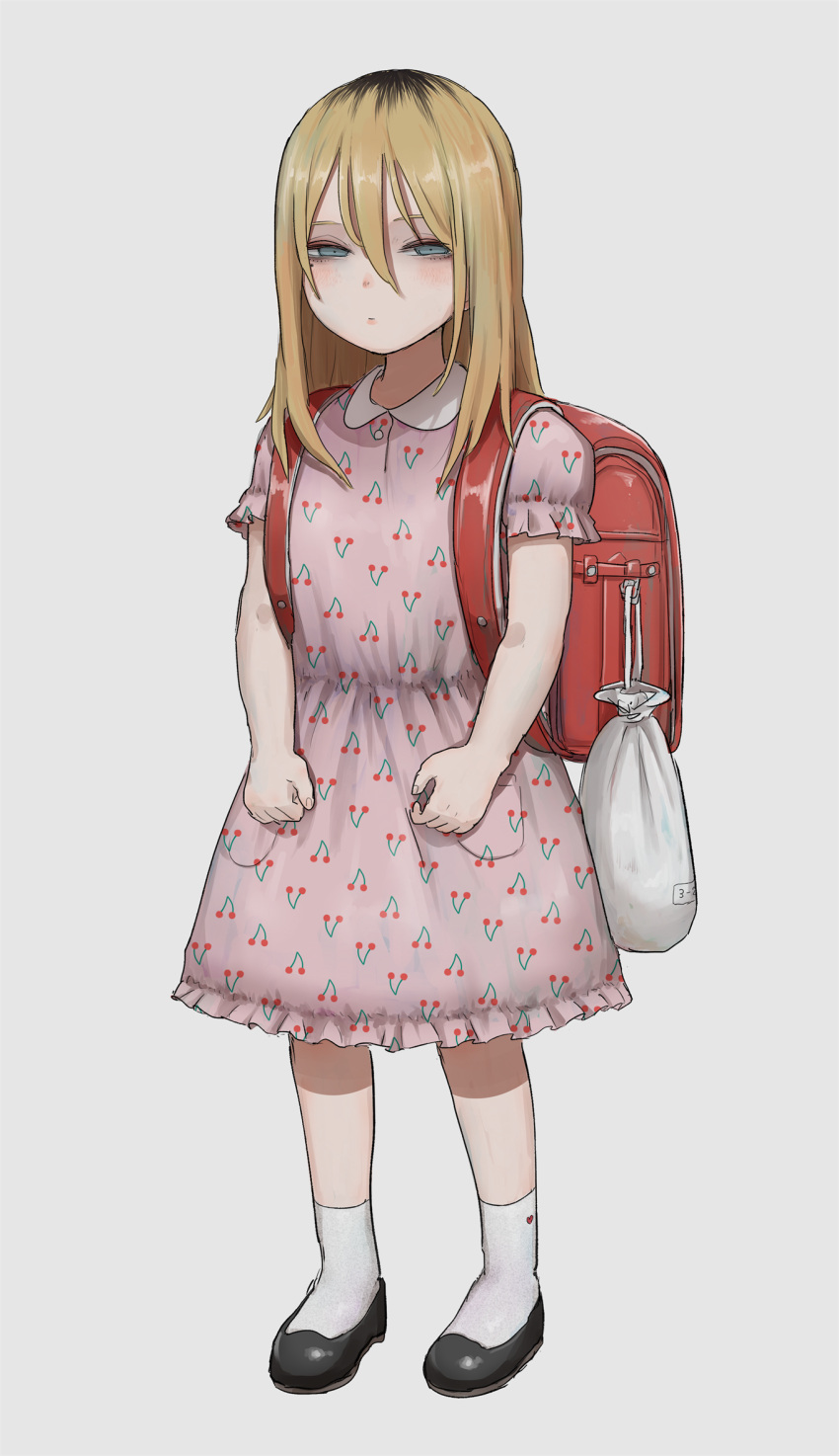 1girl backpack bag bangs black_footwear blue_eyes buttons cherry_print child clenched_hands closed_mouth collared_dress commentary_request dress food_print full_body hair_between_eyes half-closed_eyes highres long_hair looking_at_viewer original pink_dress print_dress randoseru red_bag shoes short_sleeves simple_background socks solo standing tabao white_background white_bag white_legwear