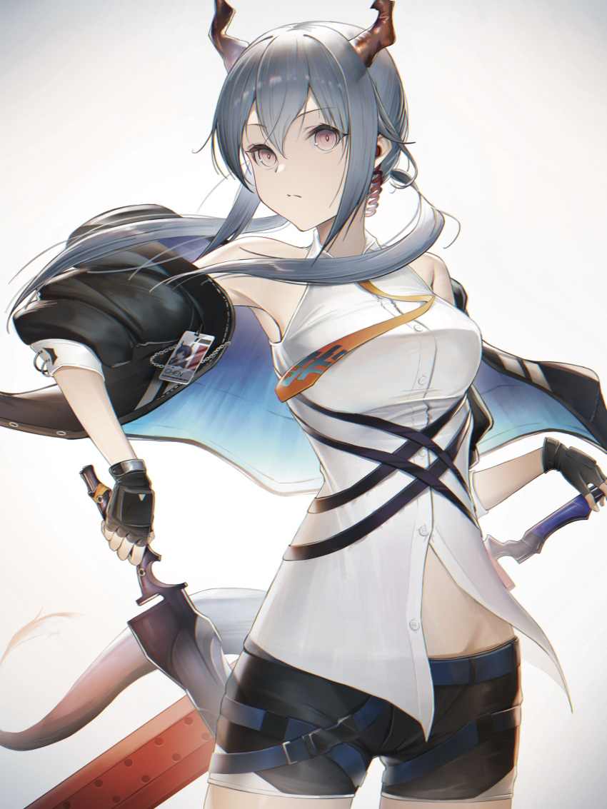 1girl absurdres arknights armpits bare_shoulders black_jacket blue_hair breasts ch'en_(arknights) cowboy_shot dragon_horns highres holding holding_sword holding_weapon horns jacket long_hair medium_breasts necktie red_eyes seseri_aoba short_shorts shorts simple_background solo sword twintails weapon white_background