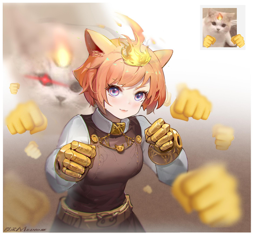 1girl :3 animal animal_ears artist_name bangs black_dress border breasts brown_hair cat cat_ears cat_girl clenched_hands closed_mouth dress fire gauntlets glowing glowing_eye hands_up highres incoming_attack incoming_punch looking_at_viewer meinoss orange_hair original photo_inset pinafore_dress projected_inset punching reference_inset shirt short_hair violet_eyes white_border white_shirt