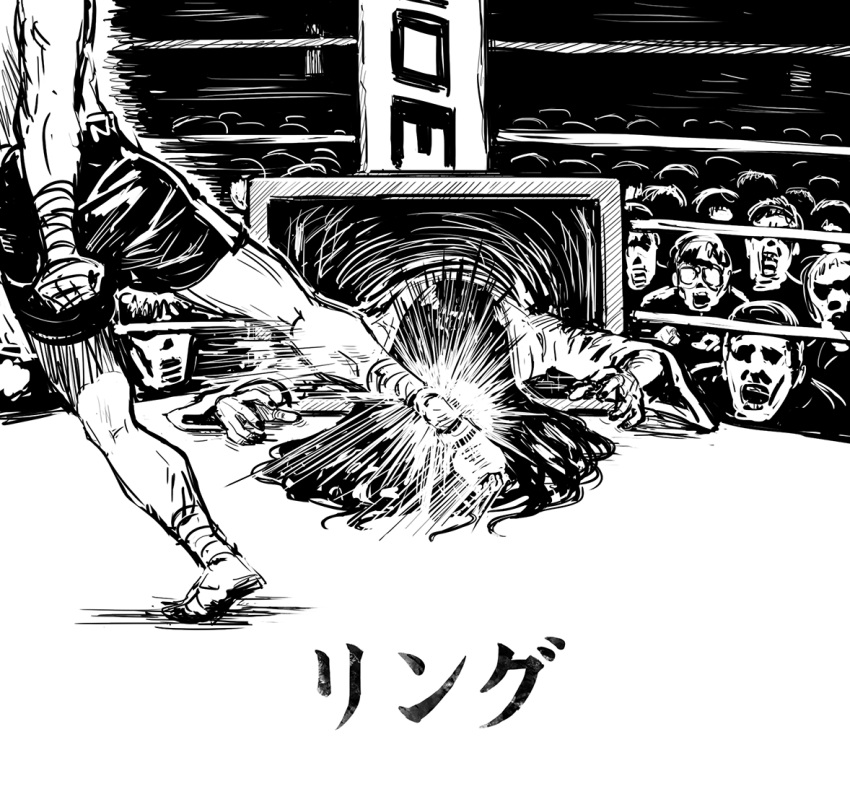 1girl 6+boys boxing_ring crowd greyscale kicking long_hair monochrome multiple_boys pun sakkan short_shorts shorts television the_ring translated yamamura_sadako