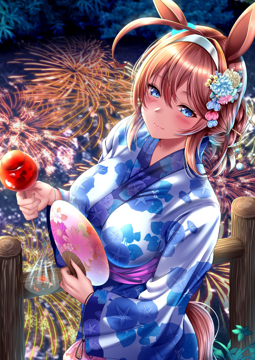 1girl absurdres ahoge animal_ears bangs blue_eyes blue_kimono blush breasts brown_hair bush candy_apple closed_mouth commentary constricted_pupils cowboy_shot curled_fingers eyebrows_visible_through_hair fence fireworks fish floral_print flower food forehead goldfish hair_between_eyes hair_flower hair_ornament hairband hairpin hand_fan highres holding horse_ears horse_girl horse_tail japanese_clothes kimono large_breasts long_sleeves medium_hair mihono_bourbon_(umamusume) night outdoors parted_bangs pink_sash pouch rairaisuruyo reflection reflective_water sash shadow sidelocks smile solo tail umamusume wavy_mouth wide_sleeves wooden_fence yukata