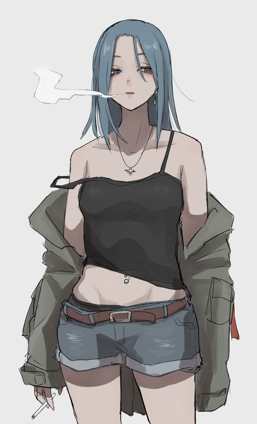 1girl absurdres bangs bare_shoulders black_shirt blue_eyes blue_hair blue_shorts cigarette collarbone cowboy_shot denim denim_shorts facing_viewer highres holding holding_cigarette jacket jacket_partially_removed jewelry lipstick long_hair looking_to_the_side makeup midriff navel_piercing necklace original parted_bangs parted_lips piercing shirt shorts simple_background sleeves_past_fingers sleeves_past_wrists smoke_trail solo standing stomach strap_slip tabao undershirt white_background