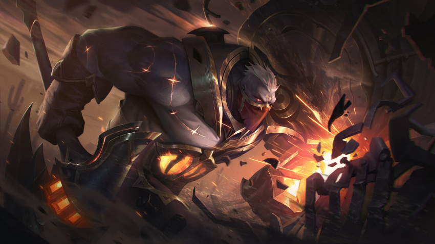 1boy absurdres armor axe bangs brown_gloves cactus colored_skin from_side gloves glowing grey_hair grey_skin high_noon_sion highres holding holding_axe holding_shield holding_weapon league_of_legends mask mouth_mask muscular muscular_male official_art outdoors red_eyes red_mask scar second-party_source shield short_hair sion_(league_of_legends) solo weapon
