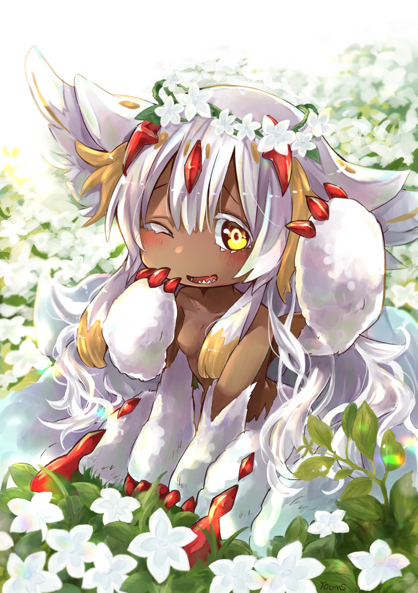 1girl animal_ear_fluff animal_ears artist_name blonde_hair blush breasts claws collarbone commentary_request dark-skinned_female dark_skin day extra_arms faputa fewer_digits field flower flower_field full_body hand_on_own_cheek hand_on_own_face hands_up head_wreath highres long_hair looking_at_viewer lower_teeth made_in_abyss monster_girl multicolored_hair mumu_yu_mu no_nipples nude one_eye_closed open_mouth outdoors sharp_teeth sitting small_breasts smile solo streaked_hair teeth v_arms white_flower white_fur white_hair yellow_eyes