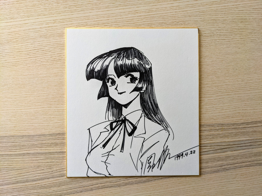 1girl bangs blazer breasts collared_shirt commission dated english_commentary eyebrows_behind_hair greyscale highres houjin_exaxxion ink_(medium) jacket looking_to_the_side medium_breasts minagata_isaka monochrome neck_ribbon parted_bangs portrait ribbon second-party_source shikishi shirt signature sketch smile solo sonoda_ken'ichi traditional_media white_background