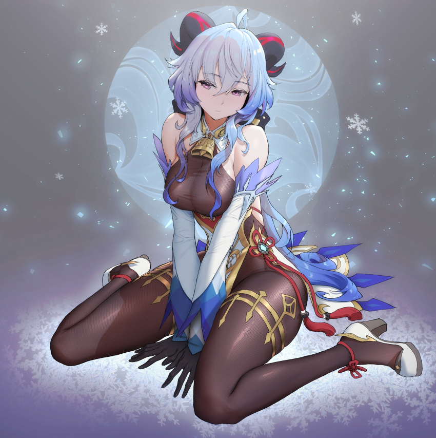 1girl absurdres ahoge bare_shoulders blonde_hair bodystocking breasts closed_mouth full_body ganyu_(genshin_impact) genshin_impact gloves goat_horns gold_trim hair_between_eyes high_heels highres horns long_hair loped pantyhose sitting snowflakes solo violet_eyes wariza