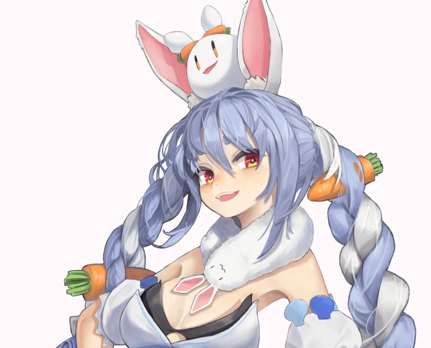1girl animal_ear_fluff animal_ears animal_on_head bare_shoulders blue_hair carrot_hair_ornament cropped food-themed_hair_ornament hair_between_eyes hair_ornament highres hololive hwoi_(hw_123) light_blue_hair multicolored_eyes multicolored_hair on_head open_mouth pink_background rabbit rabbit_ears rabbit_on_head red_eyes short_eyebrows simple_background solo symbol-shaped_pupils teeth twintails upper_body upper_teeth usada_pekora virtual_youtuber white_hair yellow_eyes