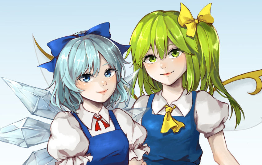 2girls ascot blue_bow blue_dress blue_hair blush bow cirno closed_mouth collared_shirt daiyousei dress fairy fairy_wings gradient gradient_background green_eyes green_hair hair_bow happy highres hoshiringo0902 ice ice_wings light_blue_background lips medium_hair multiple_girls neck_ribbon pinafore_dress puffy_short_sleeves puffy_sleeves red_ribbon ribbon shirt short_hair short_sleeves side_ponytail smile touhou upper_body white_background white_shirt wings yellow_ascot yellow_bow