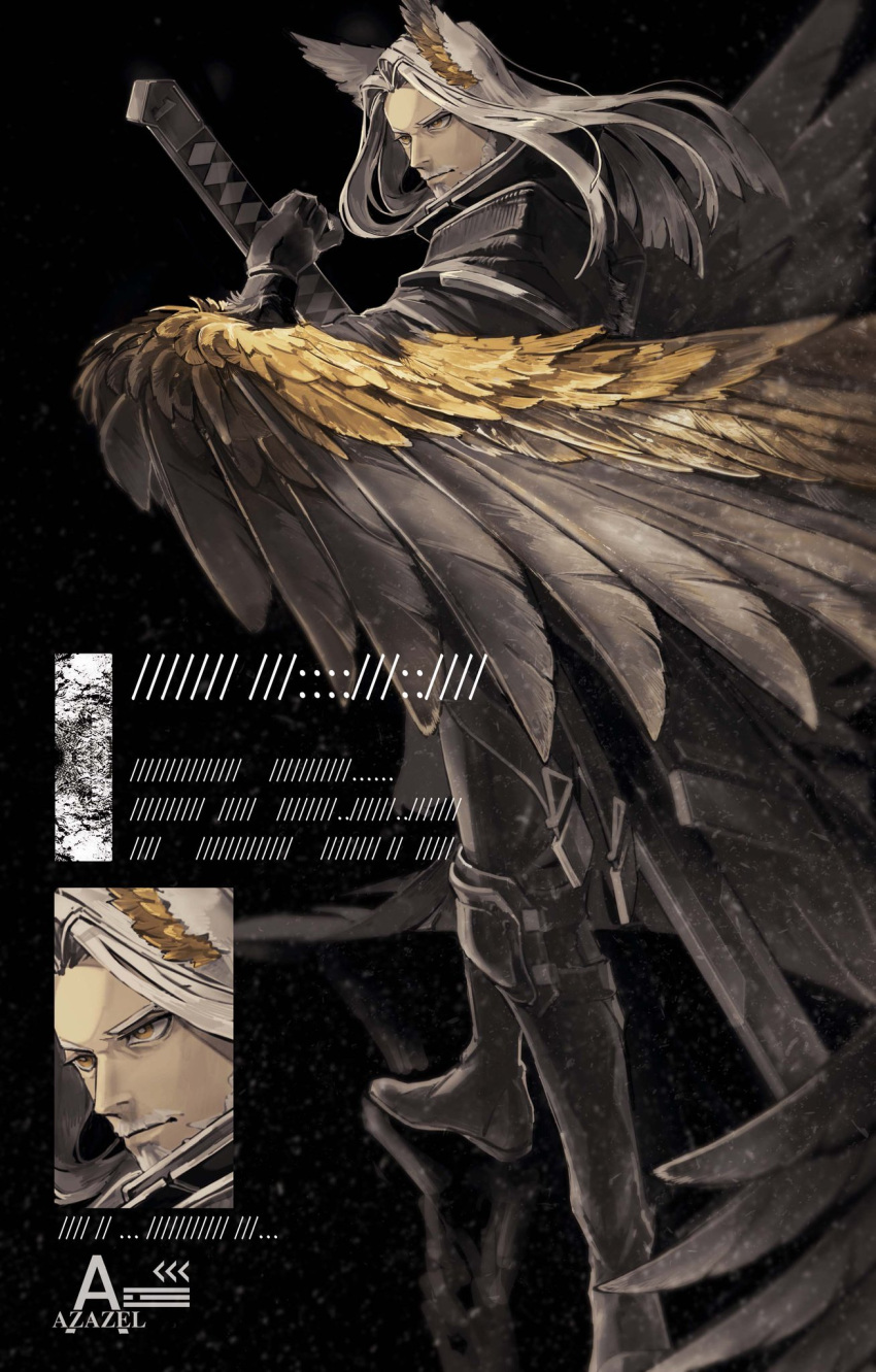 1boy arknights beard boots facial_hair from_side full_body hair_wings hellagur_(arknights) highres long_hair looking_back oaza reflection serious sheath sheathed single_wing solo white_hair wings zoom_layer