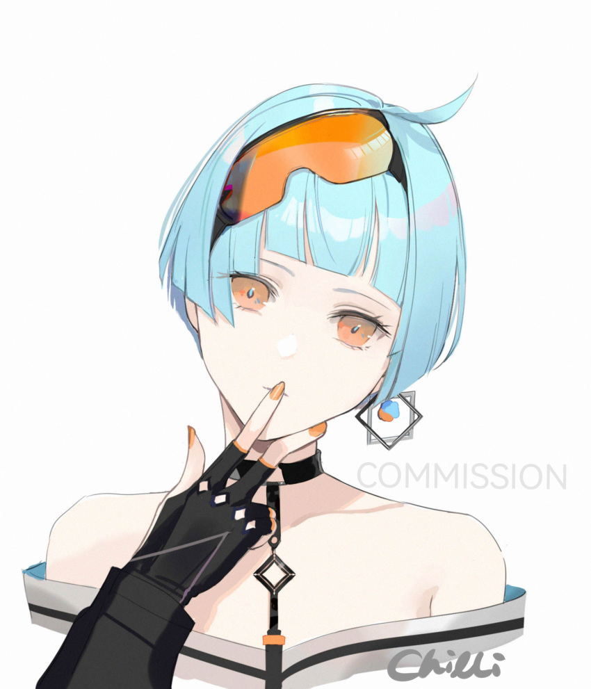 1girl artist_name bangs bare_shoulders black_gloves blue_hair chilli_646 closed_mouth collarbone cropped_torso dress earrings eyebrows_visible_through_hair eyewear_on_head finger_to_mouth fingerless_gloves girls_frontline gloves highres jewelry looking_at_viewer nail_polish orange_eyes orange_nails safety_glasses short_hair shushing single_earring solo upper_body white_background zas_m21_(girls'_frontline)