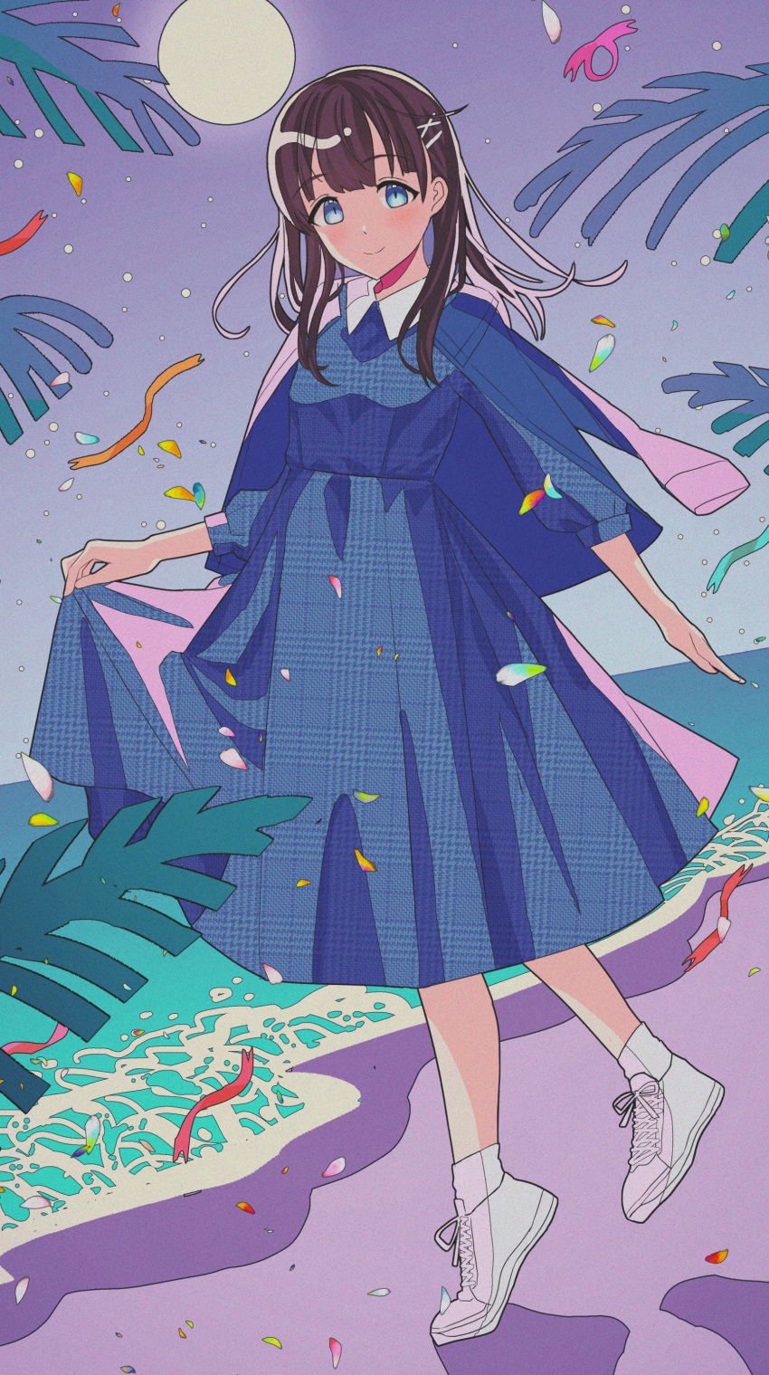 1girl absurdres anemone_project bangs beach blue_eyes breasts brown_hair closed_mouth coat coat_on_shoulders collared_dress dress full_body full_moon highres ichizou long_hair looking_at_viewer moon moroboshi_tsukina night ocean shoes shore skirt_hold small_breasts solo standing standing_on_one_leg virtual_youtuber water