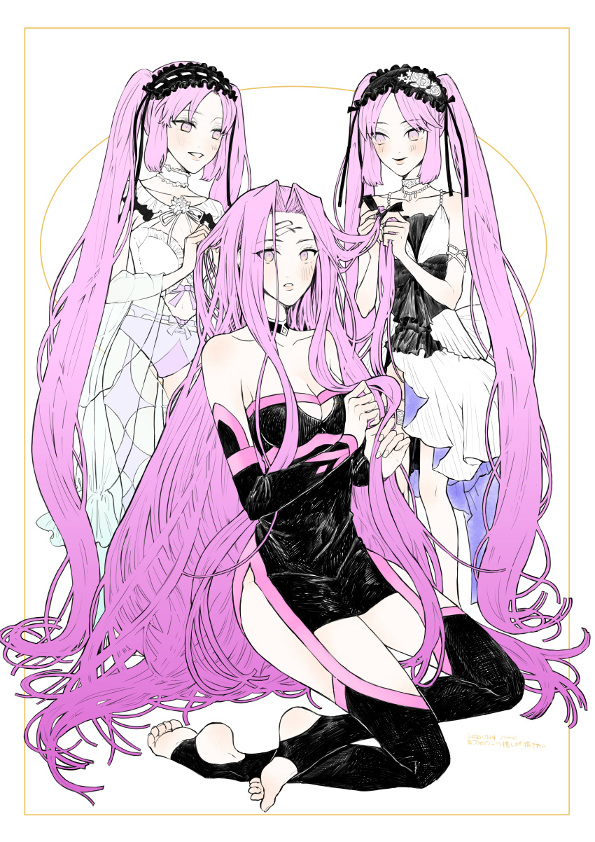 3girls absurdres bangs black_dress dress euryale_(fate) facial_mark fate/grand_order fate_(series) forehead forehead_mark highres medusa_(rider)_(third_ascension)_(fate) multiple_girls parted_bangs pink_eyes pink_hair siblings simple_background sisters snrns stheno_(fate) toeless_legwear white_dress