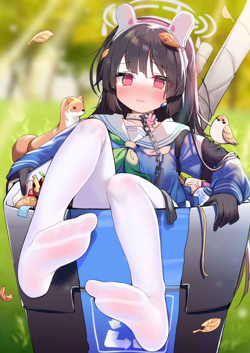 1girl @_@ absurdres ahoge bangs bird black_gloves black_hair blue_archive blue_shirt blue_skirt blunt_bangs collar eyebrows_visible_through_hair gloves green_neckerchief halo headgear hecha_(01964237) highres in_container leaf leaf_on_head leash long_hair long_sleeves looking_at_viewer miyu_(blue_archive) neckerchief no_shoes open_mouth panties panties_under_pantyhose pantyhose pleated_skirt red_eyes sailor_collar school_uniform serafuku shirt skirt soles solo trash_can underwear very_long_hair wavy_mouth white_background white_legwear white_sailor_collar