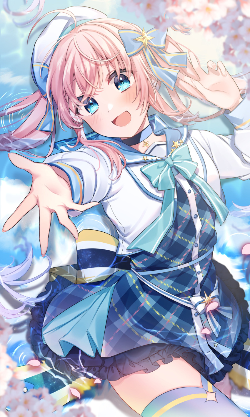 1girl absurdres anzu_1026 bangs blue_choker blue_eyes breasts cherry_blossoms choker dress from_above hat highres kirano_sion liver_city long_hair long_sleeves looking_at_viewer lying on_back open_mouth outstretched_arm pink_hair reaching_out ripples sailor_collar short_dress small_breasts smile solo thigh-highs