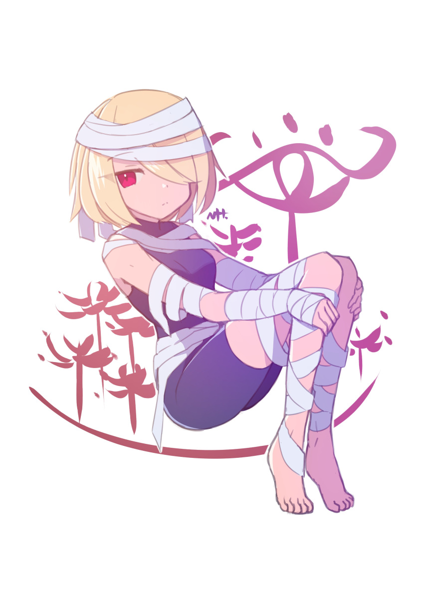 1girl absurdres bandages barefoot blonde_hair bodysuit breasts closed_mouth commentary full_body hair_over_one_eye highres looking_at_viewer red_eyes sheik short_hair simple_background solo supure647 the_legend_of_zelda the_legend_of_zelda:_ocarina_of_time white_background