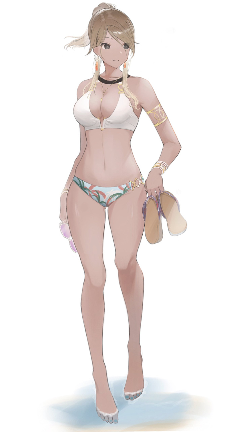 1girl absurdres barefoot bikini black_eyes blonde_hair breasts brown_hair dark-skinned_female dark_skin full_body gradient_hair gyaru highres idolmaster idolmaster_shiny_colors izumi_mei large_breasts long_hair looking_away multicolored_hair ponytail sandals sandals_removed seseri_aoba solo swimsuit tan wading white_bikini