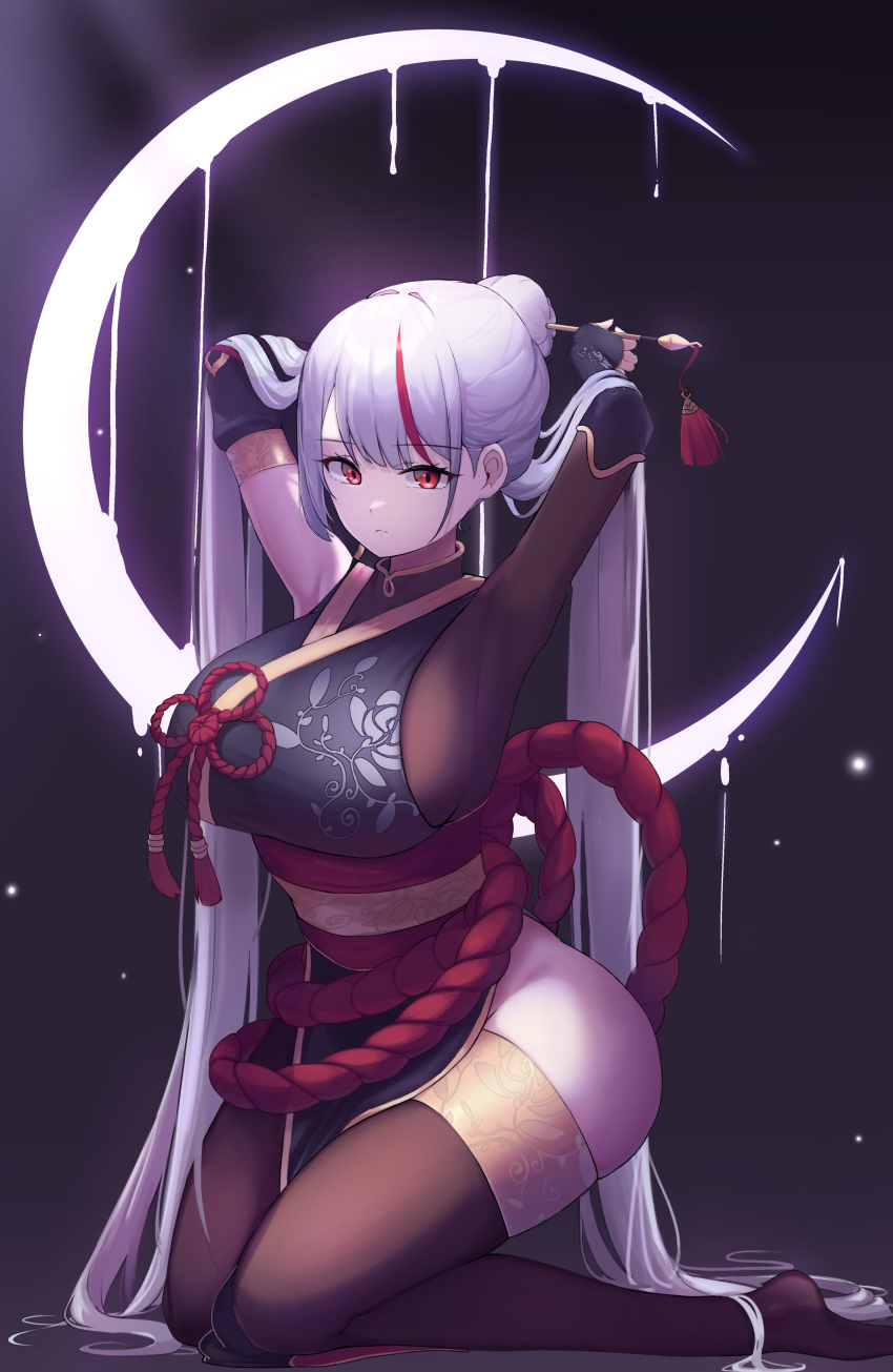 1girl absurdres ass bangs bodysuit breasts brown_bodysuit brown_legwear chunduk commission dress hair_bun highres huge_breasts kneehighs long_hair moon obi original red_eyes red_rope rope sash sleeveless sleeveless_dress solo thigh-highs very_long_hair white_hair