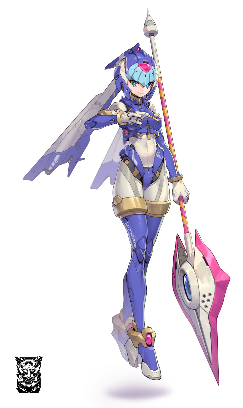 1girl absurdres android bangs blue_eyes blue_hair covered_navel floating helmet highres holding holding_polearm holding_weapon korean_commentary lance leviathan_(mega_man) looking_at_viewer mar10 mechanical_arms mega_man_(series) mega_man_zero open_hand polearm science_fiction shadow solo weapon white_background