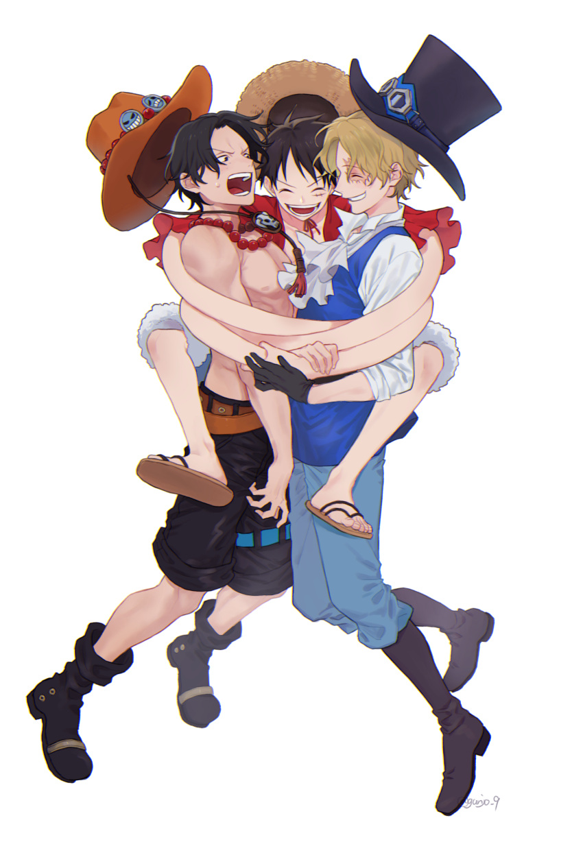3boys absurdres black_gloves black_hair blonde_hair clenched_teeth closed_mouth gloves hat highres hug male_focus monkey_d._luffy multiple_boys one_piece open_mouth portgas_d._ace sabo_(one_piece) sandals siblings smile straw_hat sweatdrop teeth topless_male tsuyu_(gunjooo9) white_hair