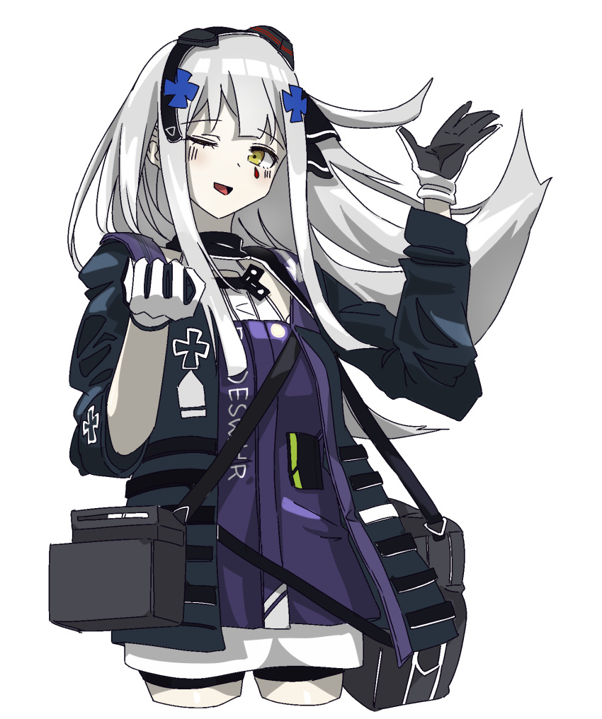 1girl arm_up bag bangs breasts cropped_legs eyebrows_visible_through_hair girls_frontline gloves green_eyes grey_hair hair_ornament hair_ribbon hairband hairclip highres hk416_(girls'_frontline) holding holding_bag jacket long_hair long_sleeves looking_at_viewer one_eye_closed open_mouth ribbon shitamichi_4444 smile solo standing tactical_clothes teardrop_facial_mark teardrop_tattoo white_background white_gloves