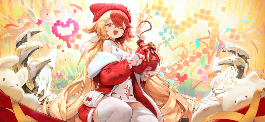 +_+ 1girl absurdres agoto alchemy_stars bag bangs beanie blonde_hair blush bomb confetti dress gronru_(alchemy_stars) handbag hat heart highres holding holding_bomb jacket long_hair mechanical_arms mittens multicolored_hair off-shoulder_shirt off_shoulder official_alternate_costume official_art one_eye_closed open_clothes open_jacket open_mouth pixelated red_jacket redhead ribbon shirt sitting smile solo stuffed_toy thigh-highs two-tone_hair white_dress white_legwear yellow_eyes yellow_ribbon