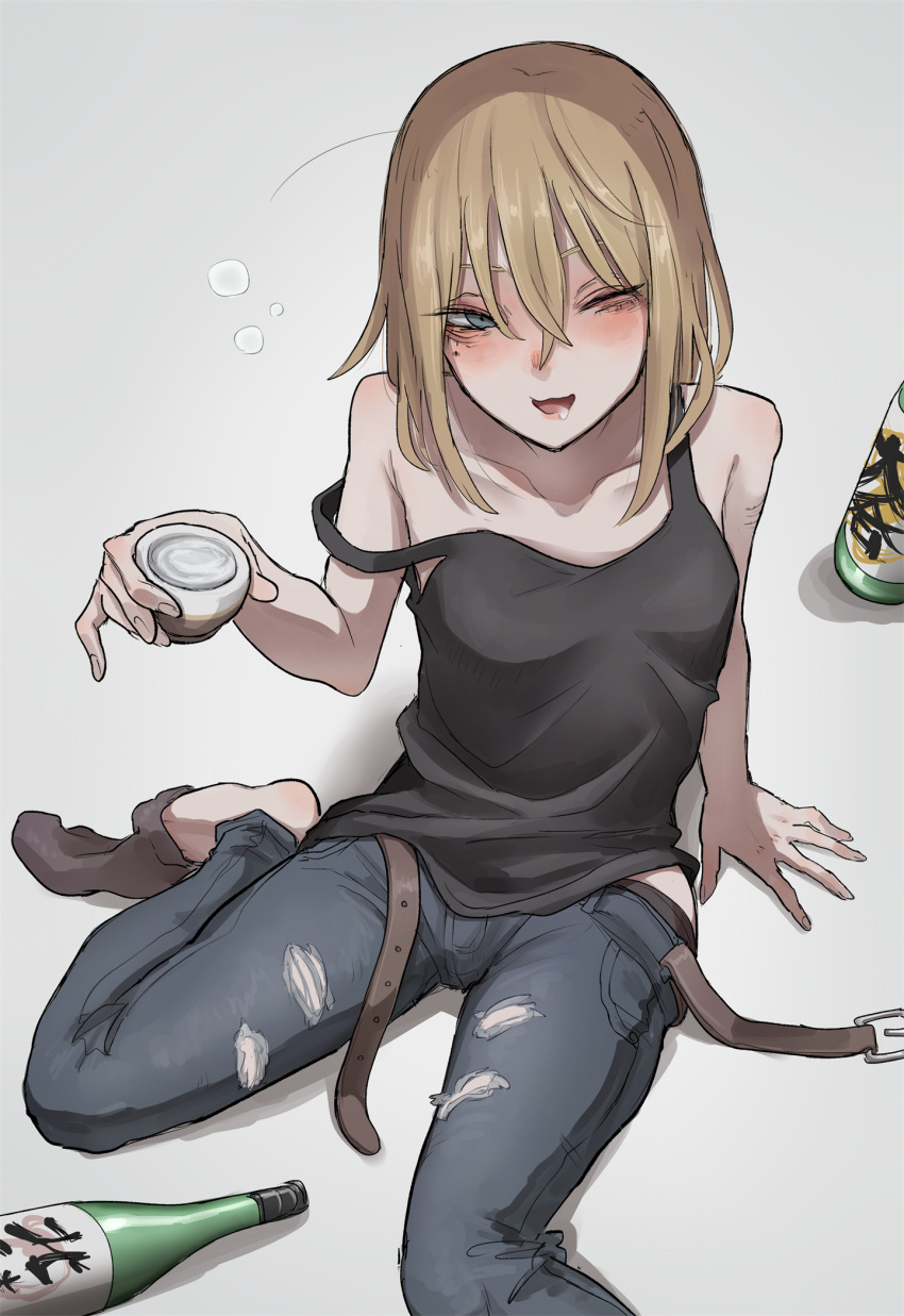 1girl :d alcohol bangs bare_shoulders belt belt_buckle black_shirt blonde_hair blue_eyes blue_pants blush brown_belt brown_legwear bubble buckle collarbone commentary_request cup denim from_above hair_between_eyes half-closed_eyes highres holding holding_cup jeans long_hair looking_at_viewer looking_up mole mole_under_eye one_eye_closed open_belt open_mouth original pants partially_undressed shirt simple_background sitting smile solo strap_slip tabao undershirt wariza white_background