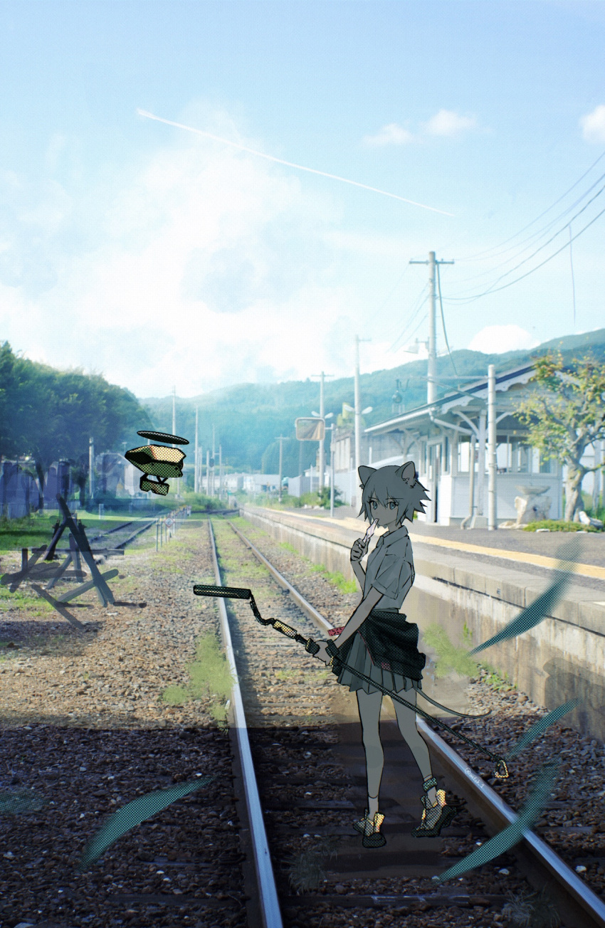 1girl alternate_costume animal_ears arknights bangs click_(arknights) drone grey_eyes grey_hair highres matsuoka_(mtok_0) miniskirt mouse_ears mouse_girl mouse_tail railroad_tracks school_uniform short_hair short_sleeves skirt solo staff tail