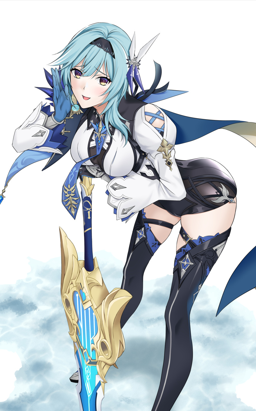 1girl absurdres bangs black_legwear blue_gloves blue_hair boots bow breasts cloak eula_(genshin_impact) eyebrows_behind_hair eyebrows_visible_through_hair genshin_impact gloves hair_between_eyes hair_ornament hairband highres holding holding_sword holding_weapon looking_at_viewer open_mouth short_hair smile solo sword takai_isshiki thigh-highs thigh_boots weapon yellow_eyes