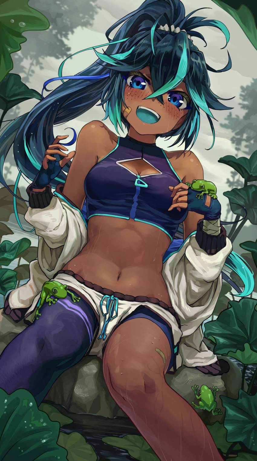 1girl :d absurdres bandaid bandaid_on_face black_hair blue_eyes blue_tongue blush breasts colored_tongue commission dark_skin earrings feet_out_of_frame fingerless_gloves freckles frog gloves highres jacket jewelry long_hair looking_at_viewer melaton midriff multicolored_hair navel off_shoulder open_clothes open_jacket open_mouth original overcast ponytail shorts sitting skeb_commission smile sports_bra two-tone_hair