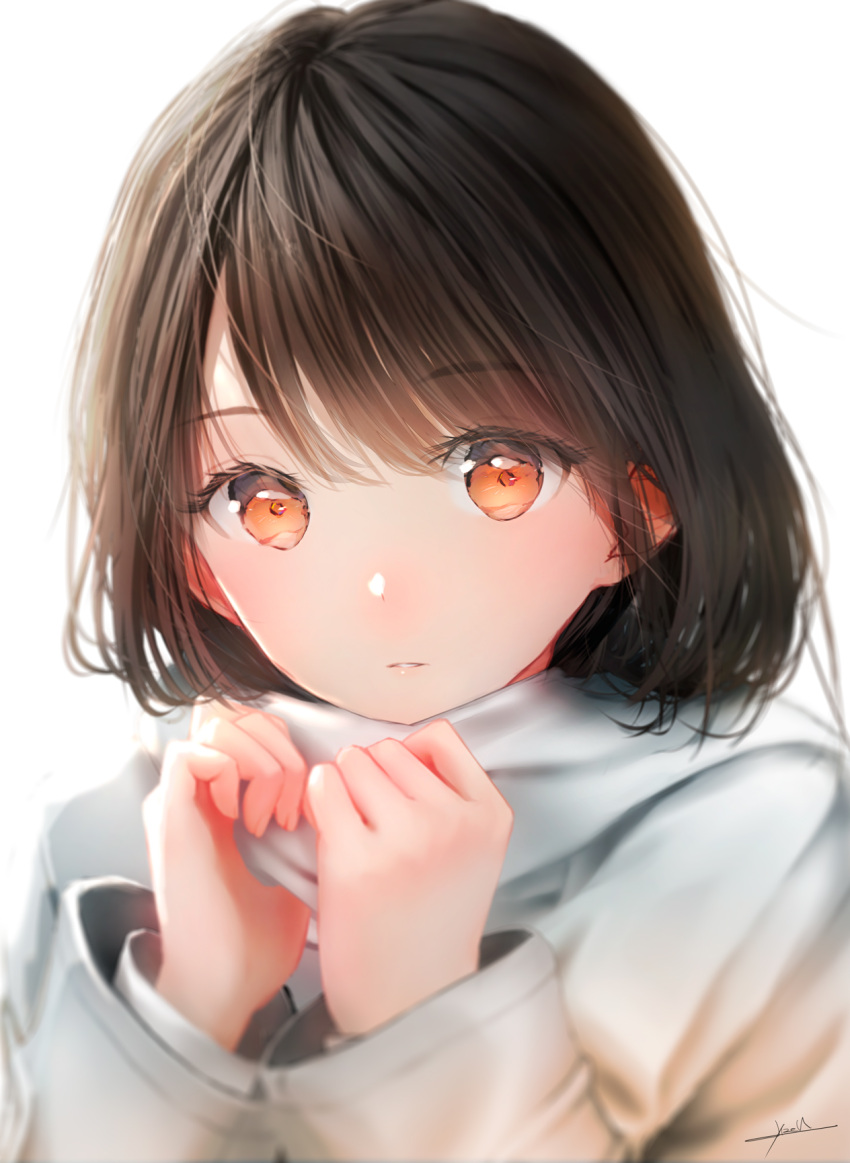 1girl bangs black_hair clothing_request face highres long_sleeves looking_at_viewer ojay_tkym orange_eyes original scarf simple_background solo swept_bangs white_background white_scarf
