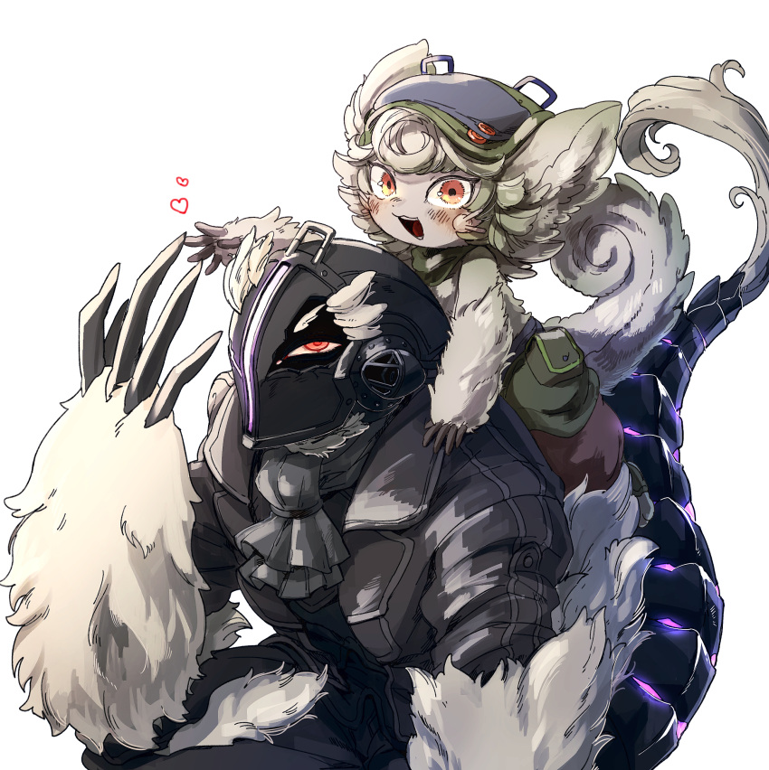 1boy 1girl :3 akamtvahosi animal_ears animal_hands ascot black_jacket black_legwear blue_headwear child claws damaged glowing_tail green_pants grey_ascot hand_up helm helmet highres jacket looking_at_viewer looking_up made_in_abyss on_person open_clothes open_jacket open_mouth orange_eyes pants pouch prushka_(furry) simple_background smile spoilers squatting tail whiskers white_background white_fur white_tail