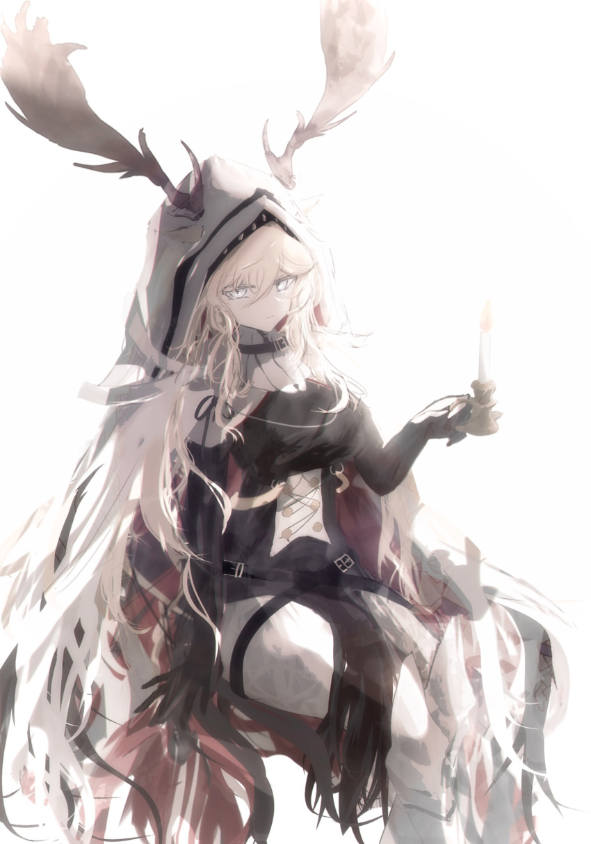 1girl animal_ears antlers_through_headwear arknights armored_boots asymmetrical_gloves backlighting bare_shoulders belt belt_buckle black_dress black_gloves blonde_hair blue_eyes boots breasts buckle candle closed_mouth commentary_request deer_antlers deer_ears deer_girl dress ears_through_headwear elbow_gloves expressionless feet_out_of_frame gloves highres holding holding_candle invisible_chair long_hair looking_at_viewer mebe_(teadia_violet) medium_breasts mismatched_gloves pantyhose partial_commentary partially_fingerless_gloves simple_background sitting sleeveless sleeveless_dress solo thigh-highs thigh_boots veil very_long_hair viviana_(arknights) white_background white_legwear
