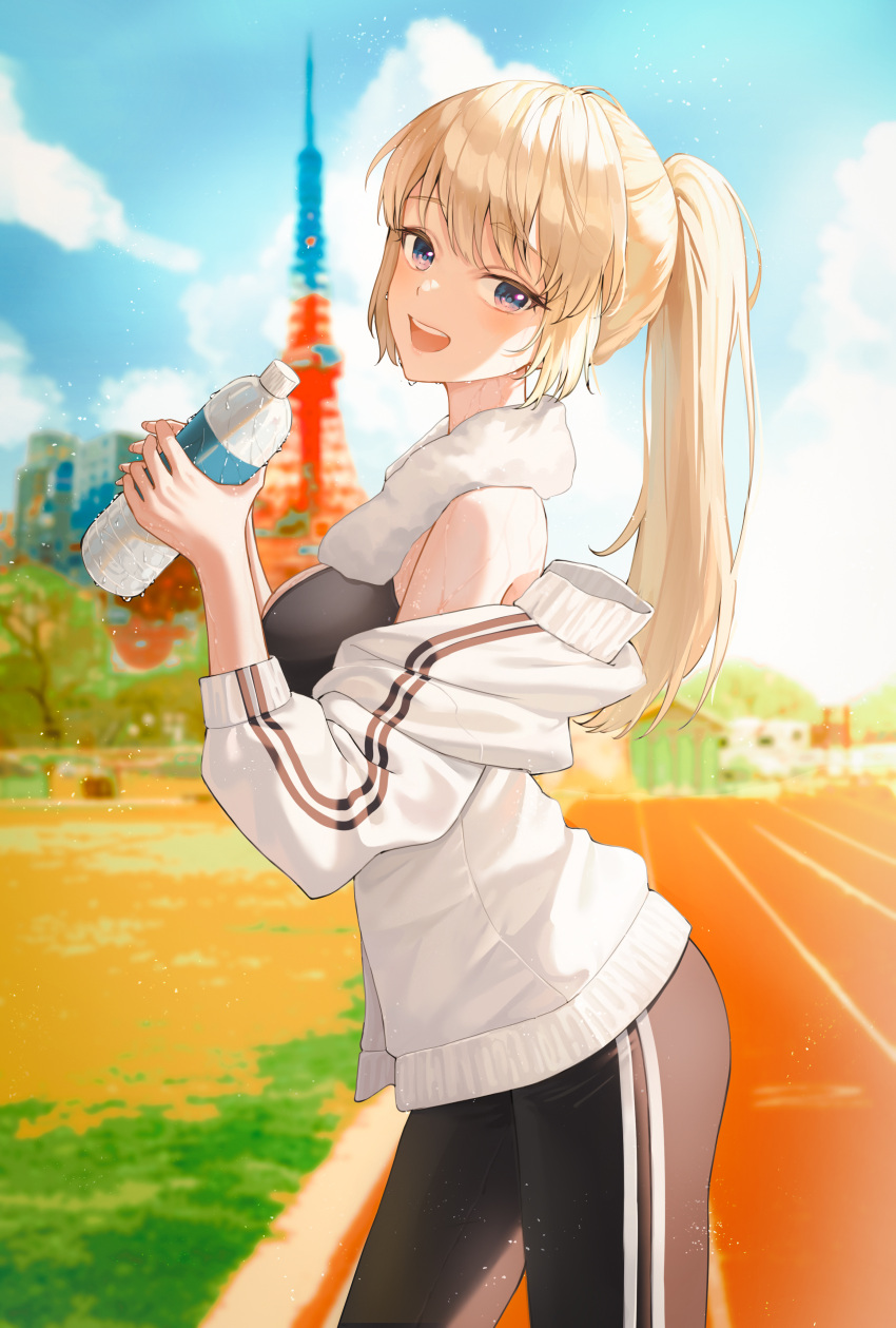 1girl absurdres backlighting bangs bare_shoulders blonde_hair blue_sky blurry blurry_background bottle building clouds cloudy_sky highres holding holding_bottle jacket jersey jisu_lee looking_at_viewer open_mouth original outdoors pants ponytail racetrack sidelocks sky smile sunlight sweat towel towel_around_neck tower track_pants turning_head water_bottle wet white_jacket