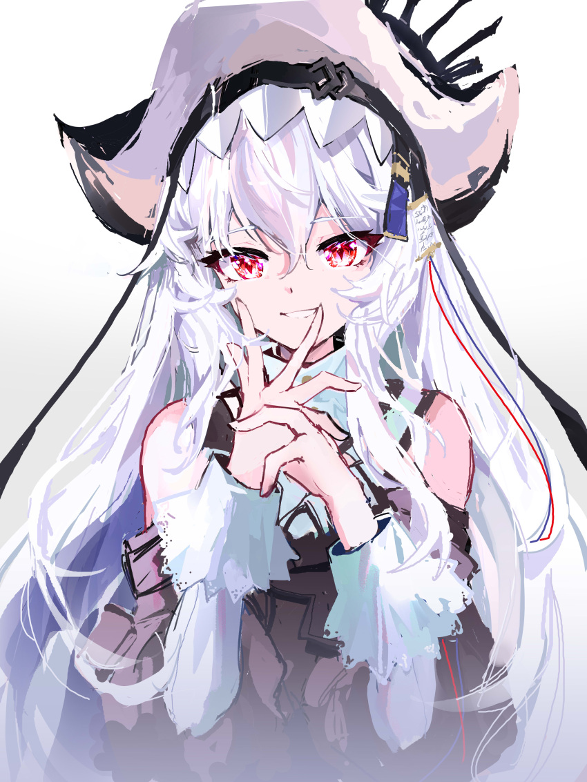 1girl :d a_fu_jiade_luo absurdres arknights bangs bare_shoulders black_dress black_headwear detached_sleeves dress eyebrows_visible_through_hair hand_on_own_face highres long_hair long_sleeves looking_at_viewer parted_lips red_eyes simple_background smile solo specter_(arknights) specter_the_unchained_(arknights) upper_body very_long_hair white_background white_hair