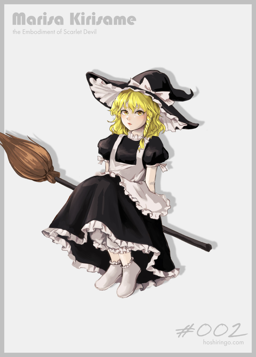 1girl absurdres apron black_dress blonde_hair bobby_socks border bow braid broom broom_riding closed_mouth commentary_request dress frilled_apron frilled_dress frilled_hat frills grey_border happy hat hat_bow highres hoshiringo0902 kirisame_marisa lips long_hair looking_at_viewer puffy_short_sleeves puffy_sleeves short_sleeves side_braid simple_background single_braid smile socks solo standing touhou white_apron white_background white_bow white_legwear witch witch_hat yellow_eyes