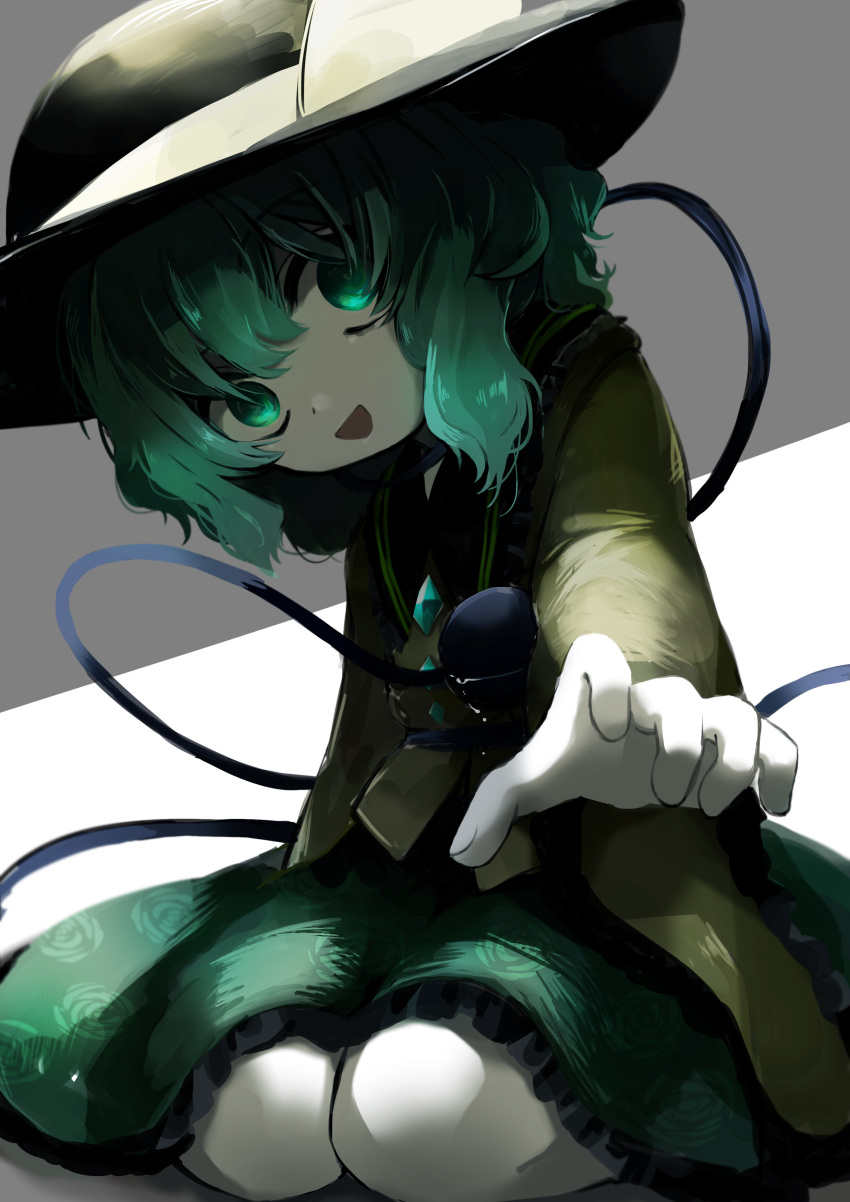 1girl :d absurdres black_headwear commentary_request eyeball floral_print frilled_shirt_collar frilled_skirt frills green_eyes green_hair green_skirt hat hat_ribbon head_tilt highres komeiji_koishi large_hat limited_palette looking_at_viewer maa_(forsythia1729) open_mouth outstretched_arm print_skirt ribbon rose_print simple_background skirt smile third_eye touhou yellow_bloomers