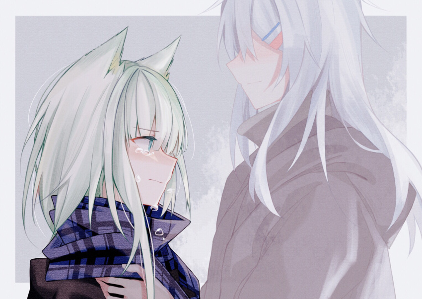 2girls adjusting_another's_clothes animal_ears arknights black_jacket blue_scarf border cat_ears crying crying_with_eyes_open doctor_(arknights) eyebrows_visible_through_hair female_doctor_(arknights) green_eyes green_hair grey_background grey_hair hair_ornament hairclip height_difference jacket kal'tsit_(arknights) krverzravys multiple_girls outside_border plaid plaid_scarf scarf simple_background tears white_border