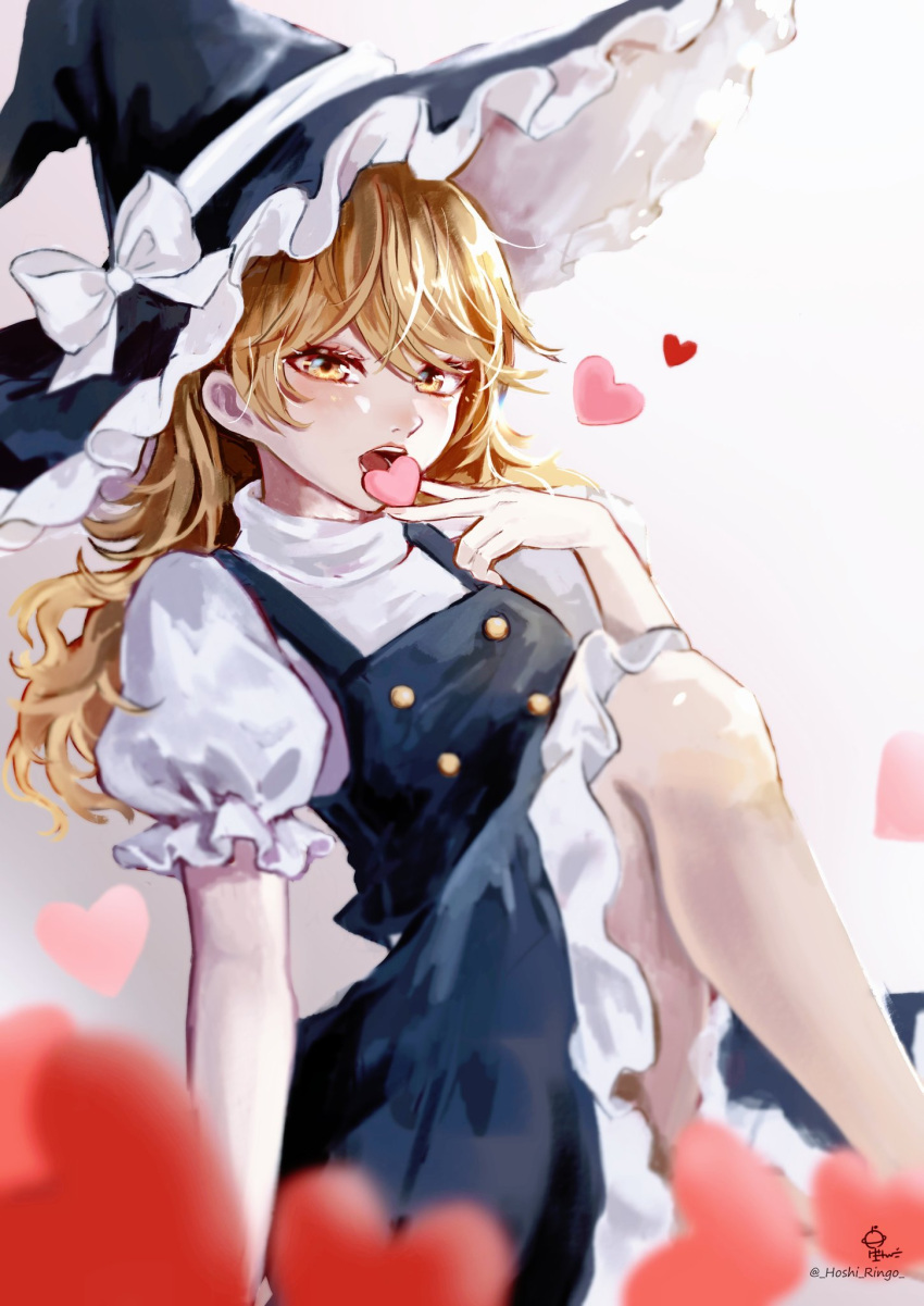 1girl arm_support bangs black_headwear black_skirt black_vest blonde_hair blush bow breasts buttons commentary_request eating eyelashes frilled_hat frilled_skirt frills hat hat_bow heart highres hoshiringo0902 kirisame_marisa lips long_hair open_mouth puffy_short_sleeves puffy_sleeves shirt short_sleeves simple_background sitting skirt small_breasts solo touhou turtleneck vest wavy_hair white_background white_shirt witch witch_hat yellow_eyes