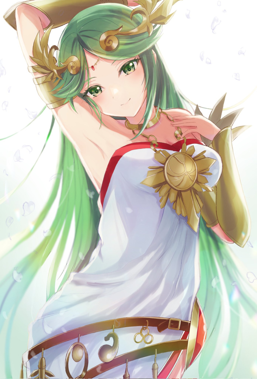 armlet bangs bare_shoulders breasts dress forehead_jewel green_hair highres jewelry kid_icarus kid_icarus_uprising laurel_crown long_hair neck_ring norimaki_(nrmk_norinori) palutena parted_bangs pendant side_slit strapless strapless_dress vambraces very_long_hair white_dress