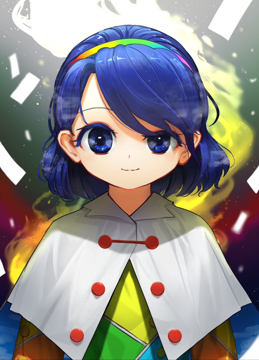 1girl arms_at_sides aura bangs blue_eyes blue_hair cape closed_mouth commentary eyebrows_behind_hair gradient hairband highres looking_at_viewer medium_hair multicolored_clothes multicolored_hairband patchwork_clothes rainbow_gradient sky_print smile solo suna_(s73d) swept_bangs tenkyuu_chimata touhou two-sided_cape two-sided_fabric upper_body white_cape zipper