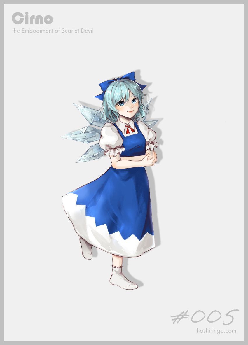 1girl absurdres blue_bow blue_dress blue_eyes blue_hair blush border bow character_name cirno closed_mouth collared_shirt commentary_request crossed_arms dress embodiment_of_scarlet_devil fairy frilled_sleeves frills full_body grey_border hair_bow happy highres hoshiringo0902 ice ice_wings lips looking_at_viewer neck_ribbon no_shoes pinafore_dress puffy_short_sleeves puffy_sleeves red_ribbon ribbon shirt short_hair short_sleeves simple_background smile socks solo touhou white_background white_legwear white_shirt wings