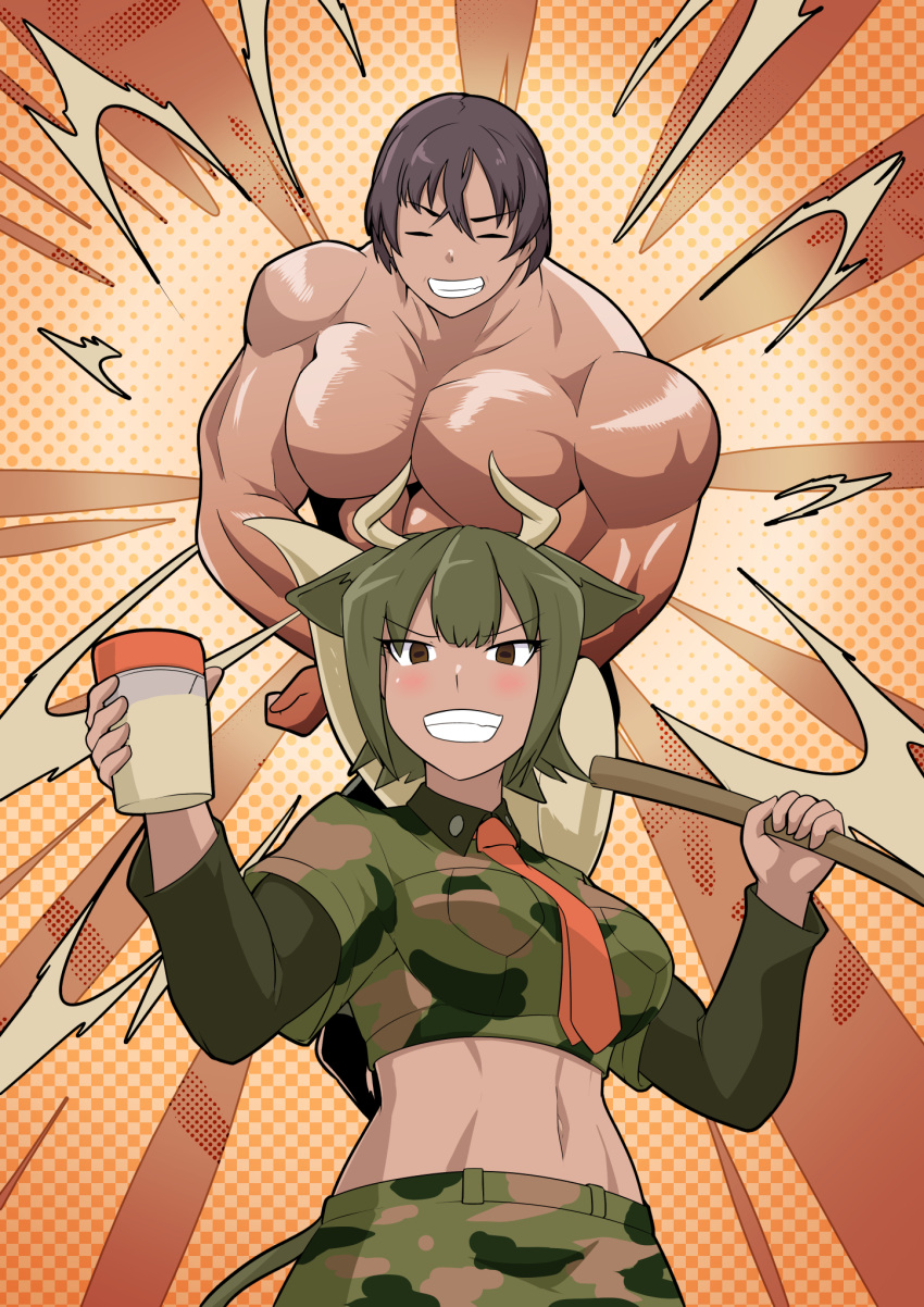 1boy 1girl abs animal_ears aurochs_(kemono_friends) bangs behind_another biceps breast_pocket brown_eyes brown_hair camouflage camouflage_shirt camouflage_skirt captain_(kemono_friends) closed_eyes collared_shirt commentary_request cow_ears cow_girl cow_horns cow_tail cup dark-skinned_female dark_skin dotted_background empty_eyes eyebrows_visible_through_hair facing_viewer flexing green_hair grin hair_between_eyes highres holding holding_cup holding_weapon horizontal_pupils horn_lance horns kawanami_eito kemono_friends kemono_friends_3 large_pectorals layered_sleeves light_blush linea_alba long_sleeves looking_at_viewer midriff muscular muscular_male navel necktie parted_bangs pectorals pocket pose red_necktie shiny shiny_skin shirt short_over_long_sleeves short_sleeves skirt smile stomach tail tan teeth toned topless_male v-shaped_eyebrows weapon wing_collar