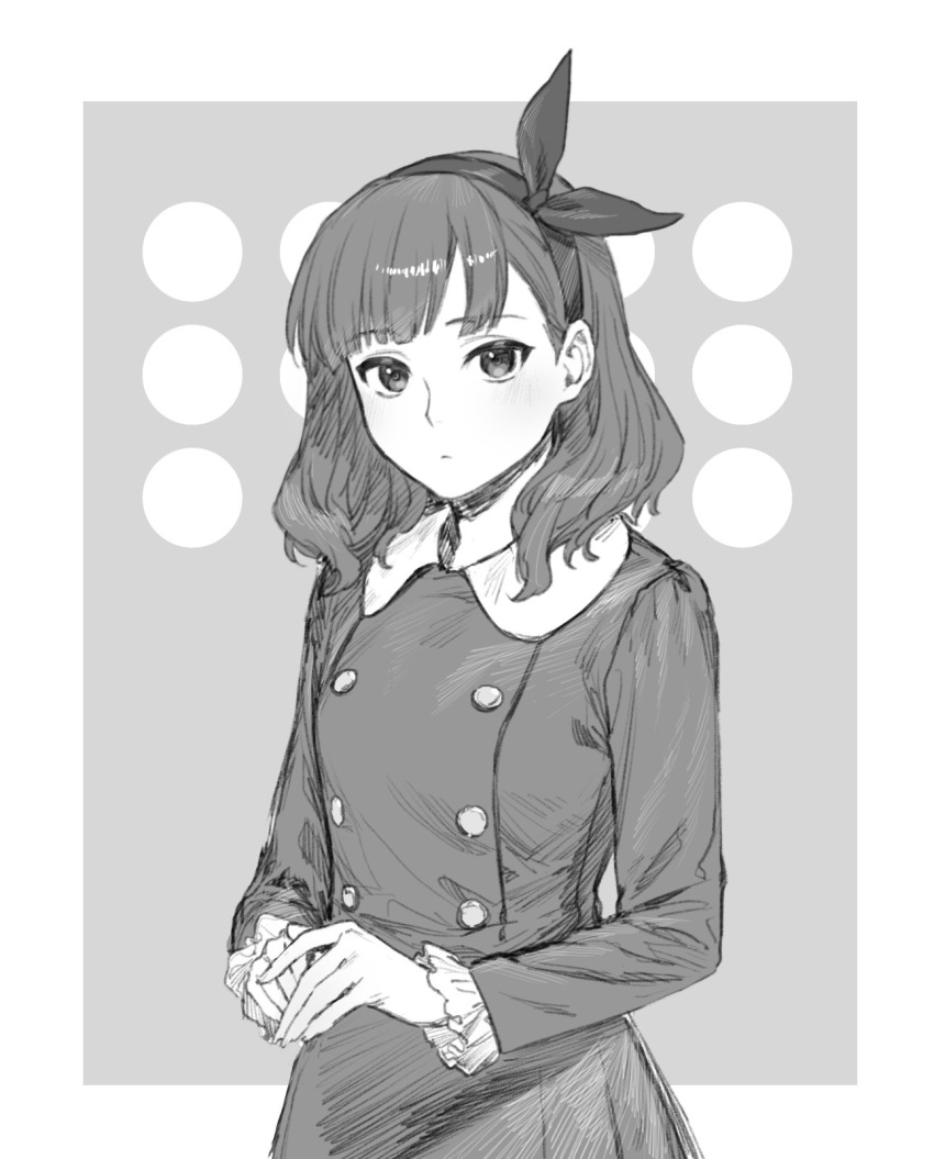 1girl assault_lily bangs border bow bow_hairband buttons circle closed_mouth collared_dress commentary dress eyebrows_visible_through_hair frilled_sleeves frills grey_background greyscale hair_bow hairband highres kuroki_francisca_yuria light_blush long_sleeves looking_at_viewer monochrome outside_border own_hands_together solo standing tori_udon upper_body white_border