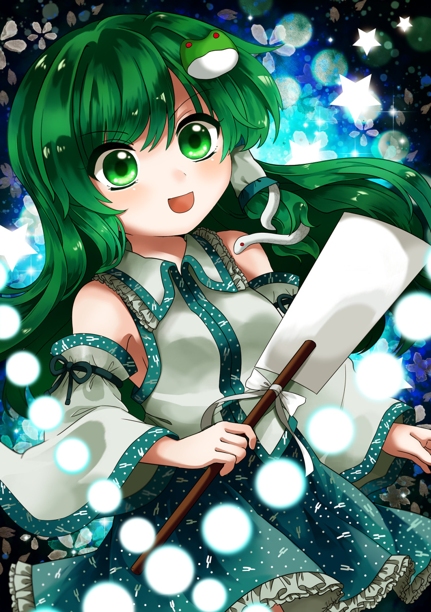 1girl :d armpits blue_background blue_ribbon blue_skirt collared_shirt commentary_request cowboy_shot danmaku dark_background detached_sleeves eyebrows_visible_through_hair frilled_shirt_collar frilled_skirt frills frog_hair_ornament gohei gradient gradient_background green_eyes green_hair hair_ornament hair_tubes head_tilt highres holding holding_stick kochiya_sanae long_hair looking_at_viewer maa_(forsythia1729) open_mouth print_skirt ribbon shirt skirt sleeve_ribbon sleeveless sleeveless_shirt smile snake_hair_ornament solo star_(symbol) stick touhou white_ribbon white_shirt wide_shot