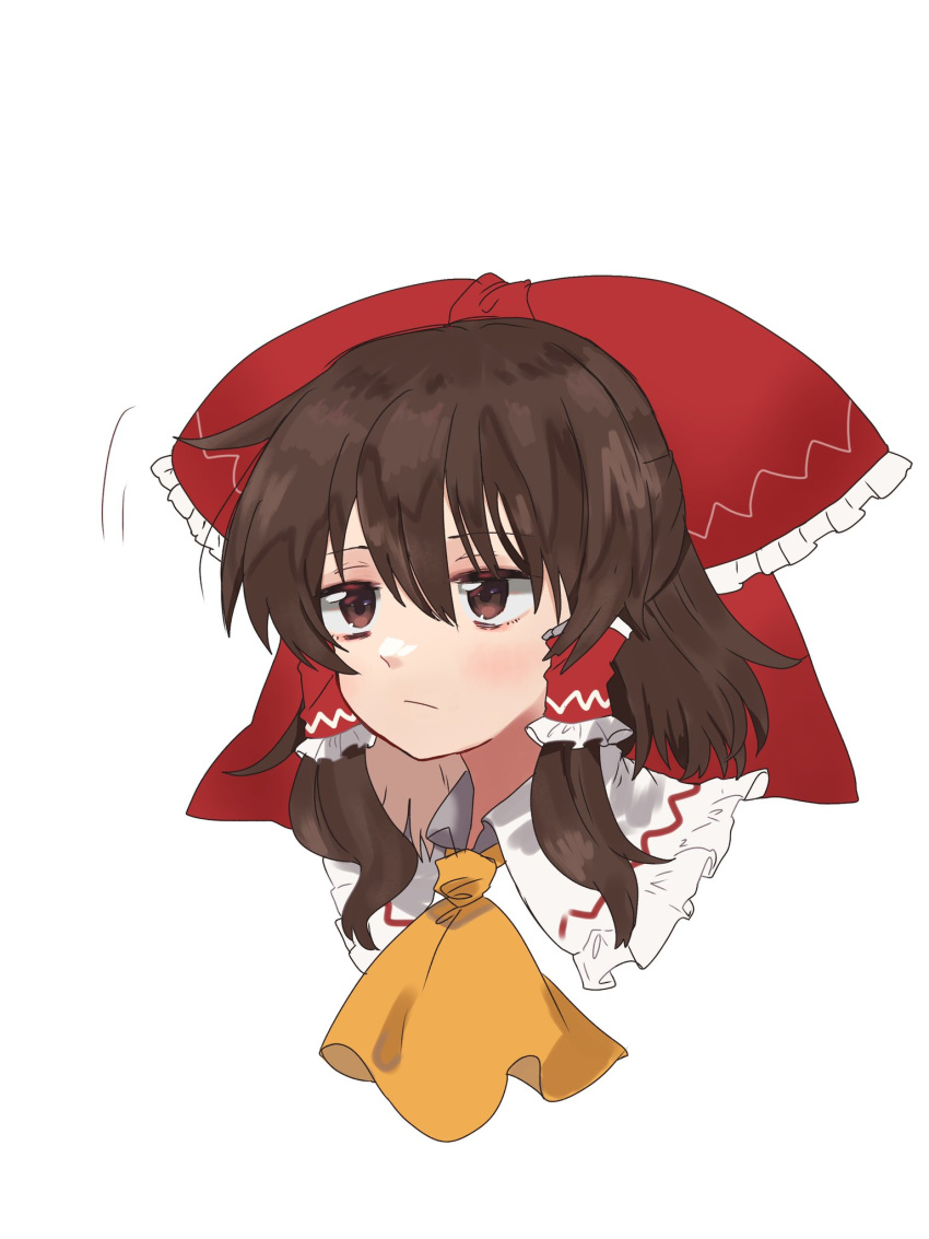 1girl ascot bangs blush bow brown_eyes brown_hair closed_mouth drooping_headgear expressive_clothes eyebrows_visible_through_hair eyes_visible_through_hair frills hair_between_eyes hair_ornament hair_tubes hakurei_reimu highres looking_to_the_side red_bow short_hair simple_background solo touhou uchisaki_himari upper_body white_background yellow_ascot