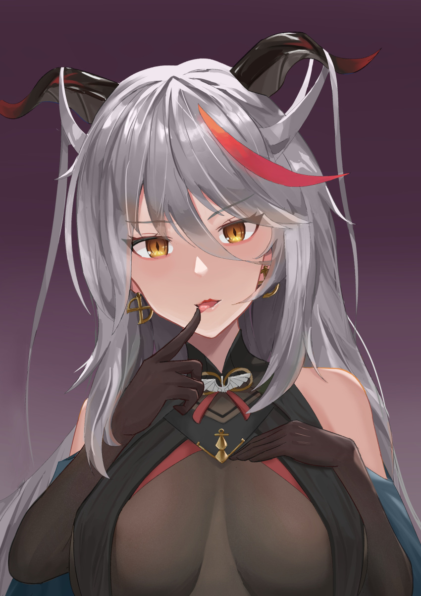 1girl absurdres aegir_(azur_lane) azur_lane bare_shoulders black_gloves bodystocking breast_curtains breasts cross cross_earrings demon_horns earrings eyebrows_visible_through_hair finger_to_mouth gloves gradient gradient_background grey_hair hair_between_eyes hair_on_horn hand_on_own_chest highres horns jewelry large_breasts long_hair looking_at_viewer multicolored_hair pelele_mon purple_background redhead simple_background solo streaked_hair two-tone_hair upper_body white_hair yellow_eyes