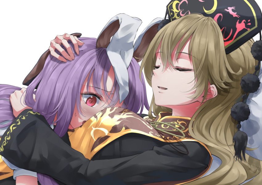 2girls animal_ears black_dress blonde_hair breasts chinese_clothes closed_eyes comforting dress hand_on_another's_head hat highres hug junko_(touhou) long_hair long_sleeves multiple_girls otomeza_ryuseigun rabbit_ears red_eyes reisen_udongein_inaba shirt tabard touhou upper_body yuri